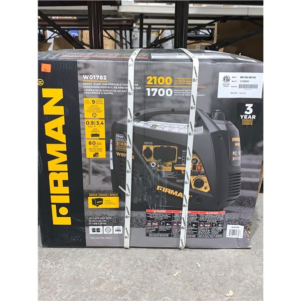 Firman W01782 Recoil Start Gas Portable Generator 2100Starting Watts and 1700 Running Watts w/ Bonus