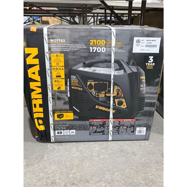 Firman W01782 Recoil Start Gas Portable Generator 2100Starting Watts and 1700 Running Watts w/ Bonus