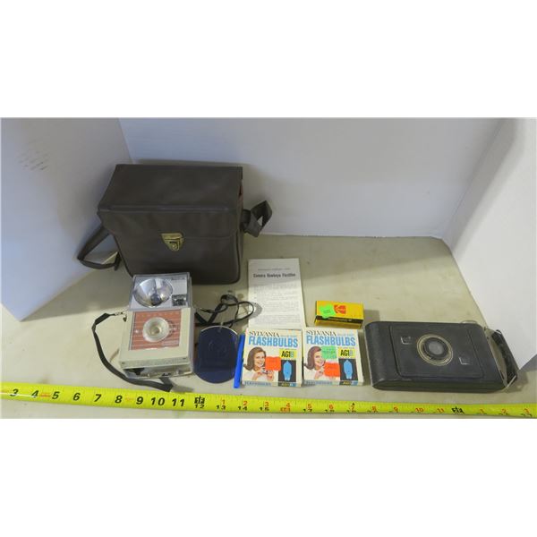 2 Vintage Kodak Cameras, Case, and Accessories