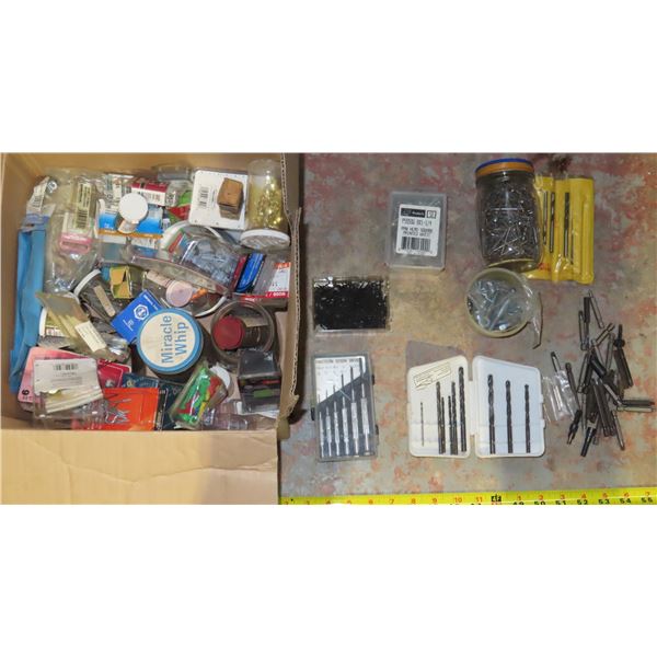 Box of Assorted nails/screws/pins/tools/etc.