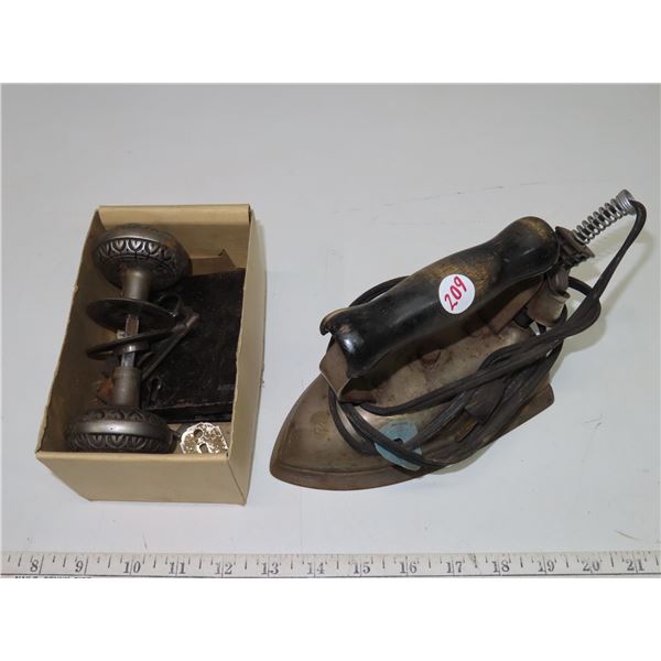 Antique decorative doorknob + Antique electric iron + Antique Sign