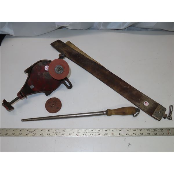 Antique hand crank grinder + Scarp + Sharpening rod