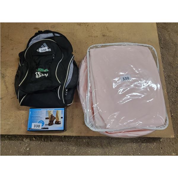 blanket, backpack, ice traction slip-ons