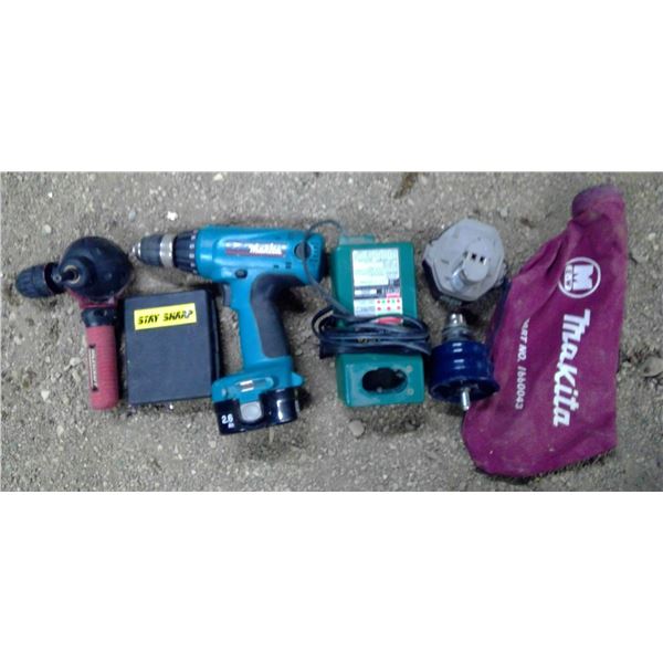 14.4 V Makita drill, 2 batteries and charger, drill bit driver set, and angle hammer attachment, mak