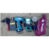 Image 1 : 14.4 V Makita drill, 2 batteries and charger, drill bit driver set, and angle hammer attachment, mak
