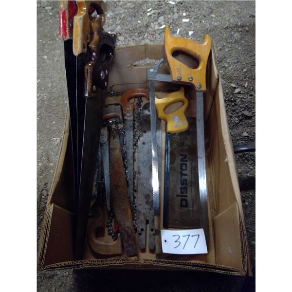 16 " chainsaw bar and 4 chains, 3 keyhole saws, 14" Disston back saw, 20" gault meat saw, 24" crossc