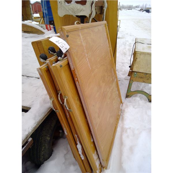 4 wood dividers on wheels ( some broken/missing) ( 49.5X44.5X1.75 each) and large narrow wood box ( 