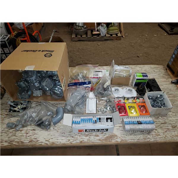 LARGE ASSORTMENT OF ELECTRICAL SUPPLIES - BREAKERS, BOXES, SWITCHES, PLATES, ETC