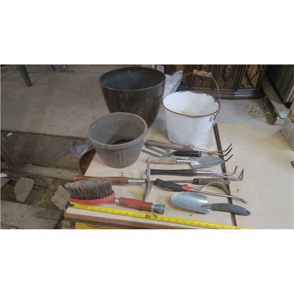 2 Plant Pots, Metal Pail and Assorted Gardening Tools