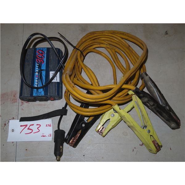 Booster cables + 300 watt DC to AC power inverter for vehicle cigarette lighter