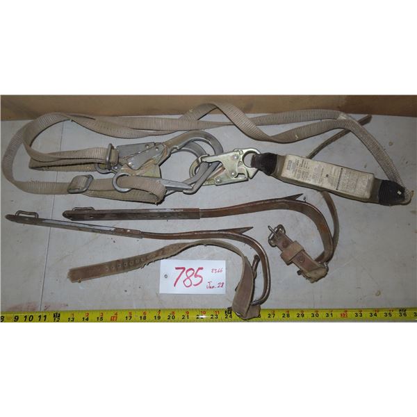 Lineman's climbing spikes + harness/anchor