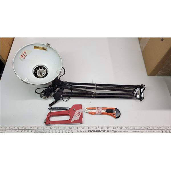 Bench work light, small staple gun & box cutter