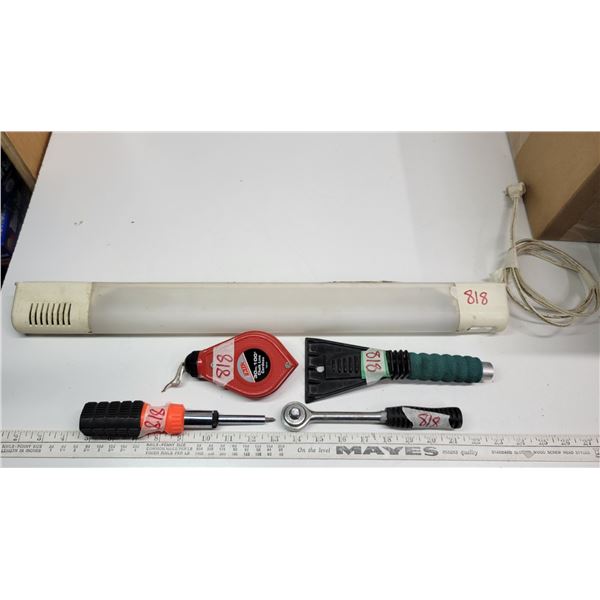 Florescent bench work light, Ice scraper & assorted tools