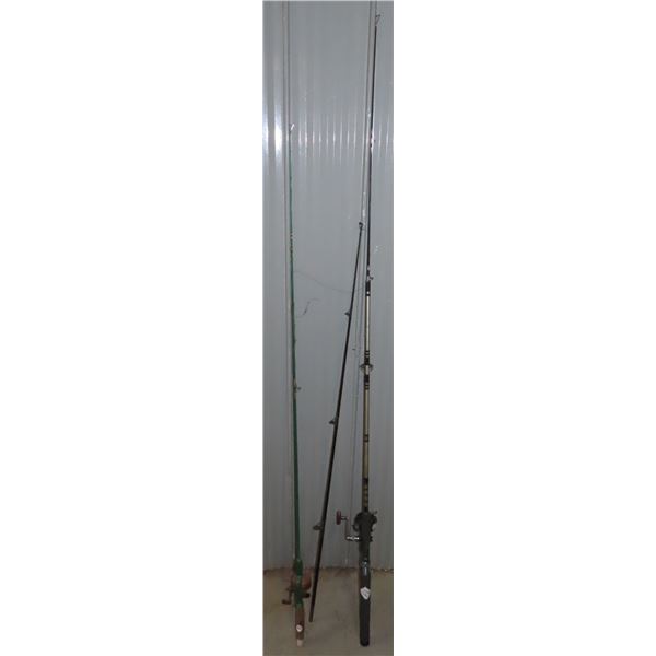 2 complete fishing rods with spools & 1 rod without a spool