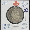 Image 1 : 1991 50 cent piece  only 490,000  minted  Key date  beautiful example taken from sealed roll        