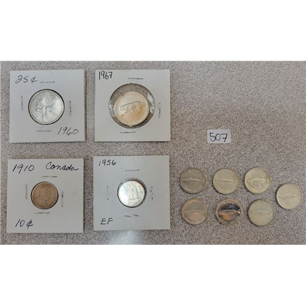 Nine silver Canada 10¢, Two 25¢