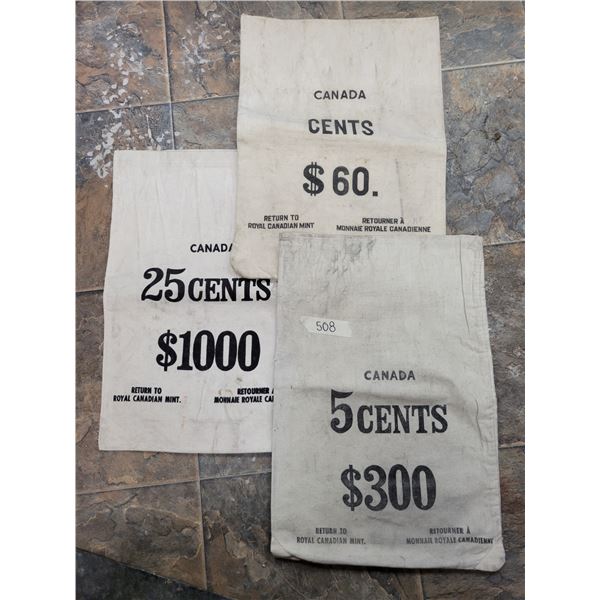 3 Royal Canadian mint one cent, 5 cent, 25 cent bags