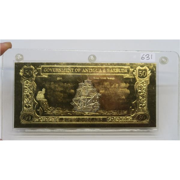 Government of Antigua & Barbuda 23-karat Gold-Plated $50 banknote. Depicts the ship Anne’s Revenge a