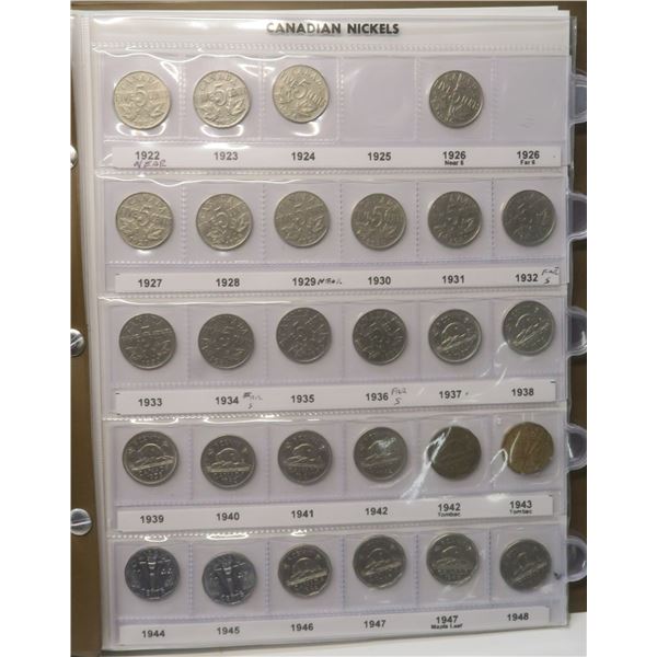 Near Complete Collection of Canadian Nickel 5 Cents 1922 – 2022. Missing only 3 coins: 1925, 1926 Fa