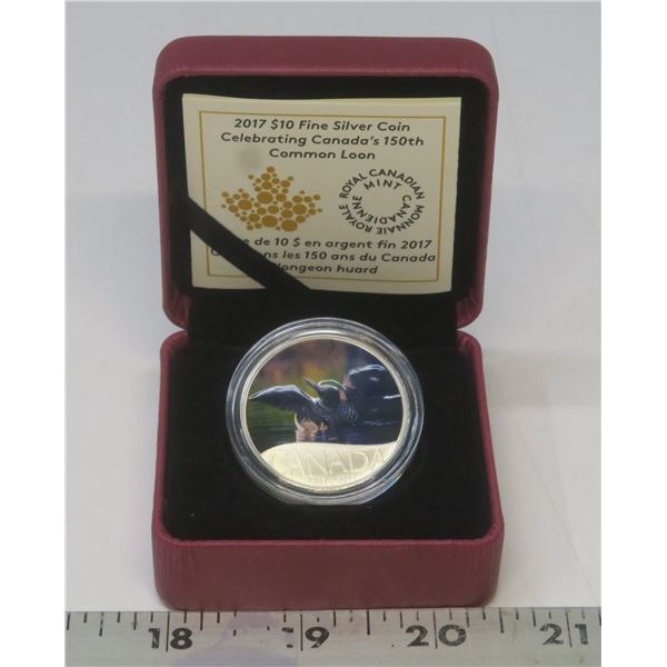 2017 150th Anniversary of Canada $10 Coloured Loon. 99.99% pure Silver. Proof with Ultra Heavy Cameo