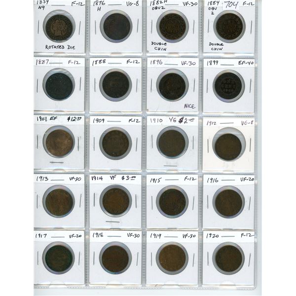Lot of 20 Canadian Large Cents. Includes 1859 Narrow 9 Rotated Die, 1876H, 1882H Obv 2, 1884 Obv 2, 