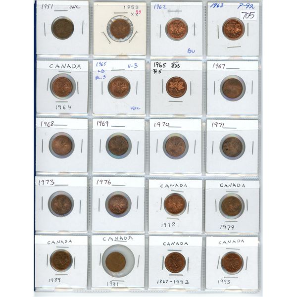 Lot of 20 Canadian Small Cents 1951 – 1993. Includes 1951, 1953 SF, 1962, 1963, 1964, 1975 LB B5, 19