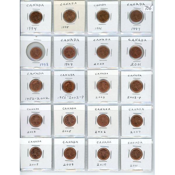 Lot of 20 Canadian Small Cents 1994 – 2011. Includes 1994, 1995, 1996, 1997, 1998, 1999, 2000, 2001,