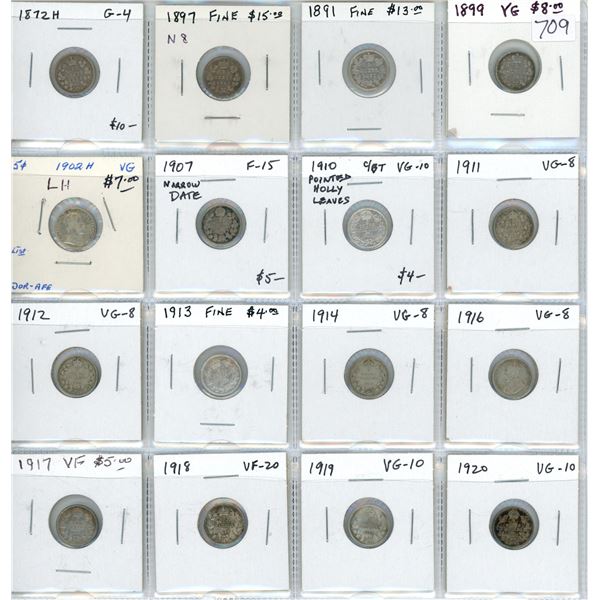 Lot of 16 Canadian Silver 5 Cents. Includes 1872H, 1897 Narrow 8, 1891, 1899, 1902H Large H, 1907 Na
