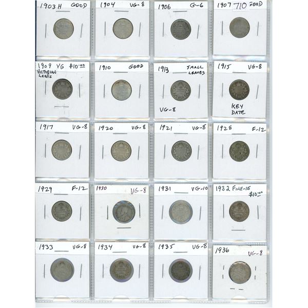 Lot of 20 Canadian Silver 10 Cents. Includes 1903H, 1904, 1906, 1907, 1909 Victorian Leaves, 1910, 1