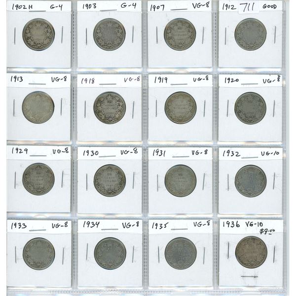 Lot of 16 Canadian Silver 25 Cents. Includes 1902H, 1903, 1907, 1912, 1913, 1918, 1919, 1920, 1929, 