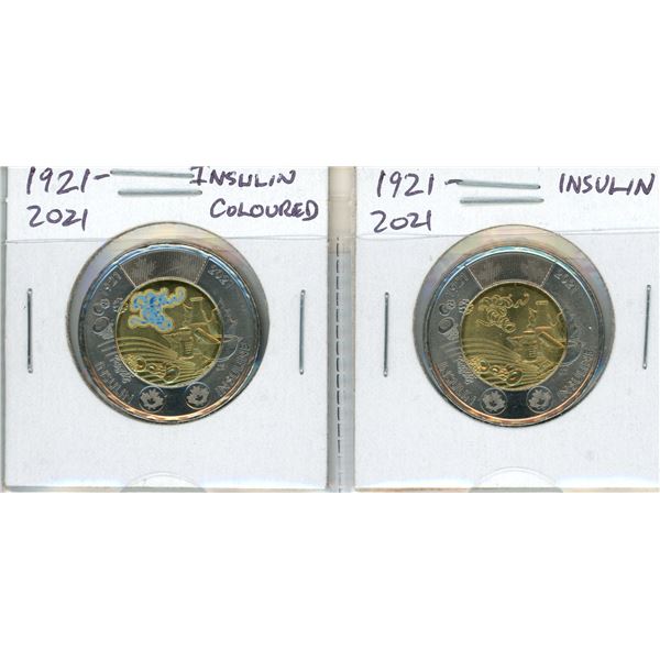 Complete Set of 2 1921 – 2021 Discovery of Insulin Toonies. Includes Coloured & Regular. Brilliant U