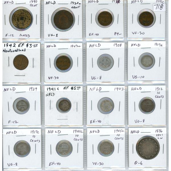 Lot of 16 Newfoundland Coins. Includes 1890 1c, 1920c 1c, 1940 1c, 1941c 1c, 1942 1c, 1943c 1c, 1908