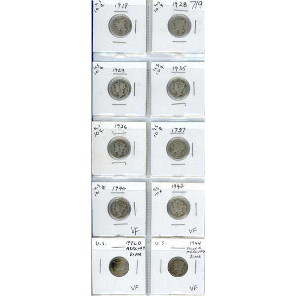 Lot of 10 U.S. Silver Mercury Dimes. Includes 1917, 1928, 1929, 1935, 1936, 1939, 1940, 1942, 1942D 