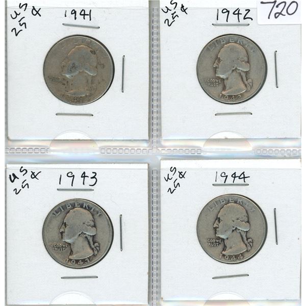 Lot of 4 U.S. World War II Silver Washington Quarters. Includes 1941, 1942, 1943 & 1944.