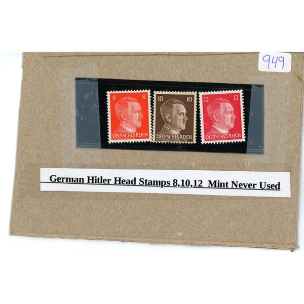 German Hitler Head stamps 8, 10, 12 - Mint never used