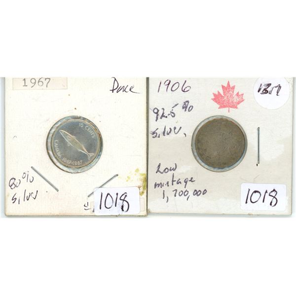 Set of 2, 1906 & 1967 Canadian silver dimes