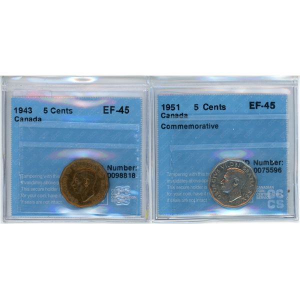 Set of 2, 1943 & 1951 Canadian 5 cent coins