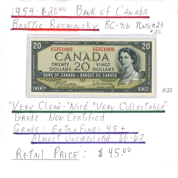 1954 Canadian 20 Dollar bill - Beattie-Rasminsky, BC-41b