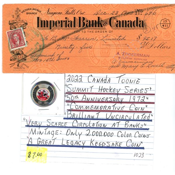 1940 Imperial Bank of Canada cheque & 2022 "Summit Hockey series" uncirculated Canadian toonie