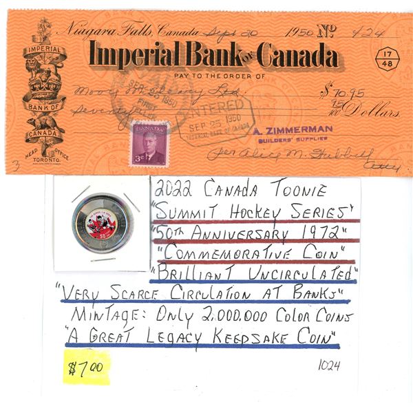 1950 Imperial Bank of Canada cheque & 2022 "Summit Hockey series" uncirculated Canadian toonie