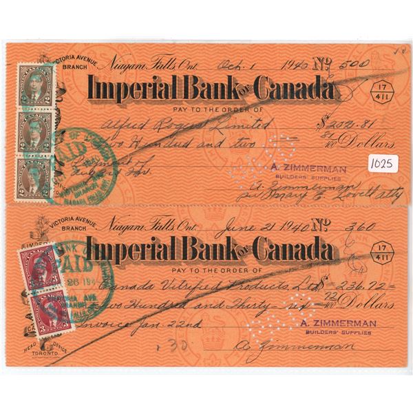 Set of 2, 1940s Imperial Bank of Canada cheques