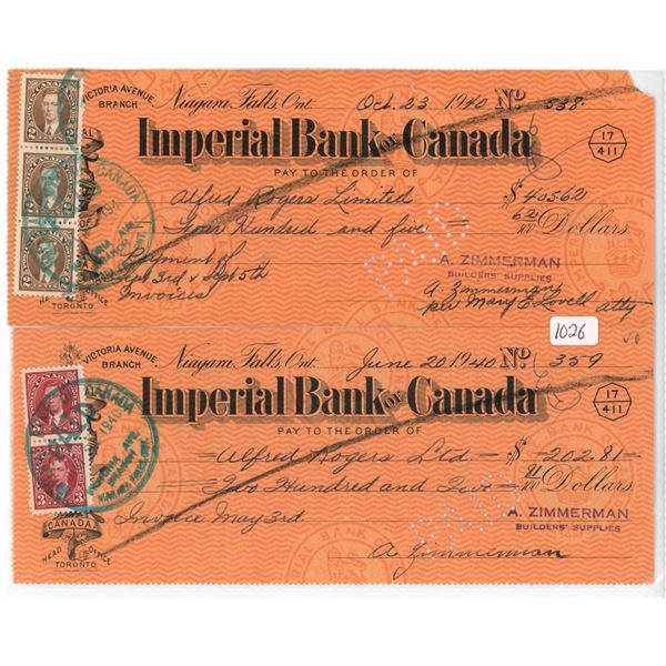 Set of 2, 1940s Imperial Bank of Canada cheques