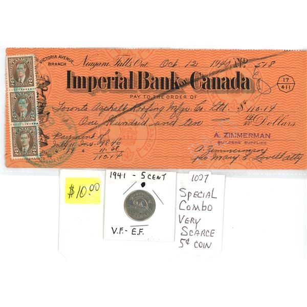 1940 Imperial Bank of Canada cheque & 1941 Canadian 5 cent nickel