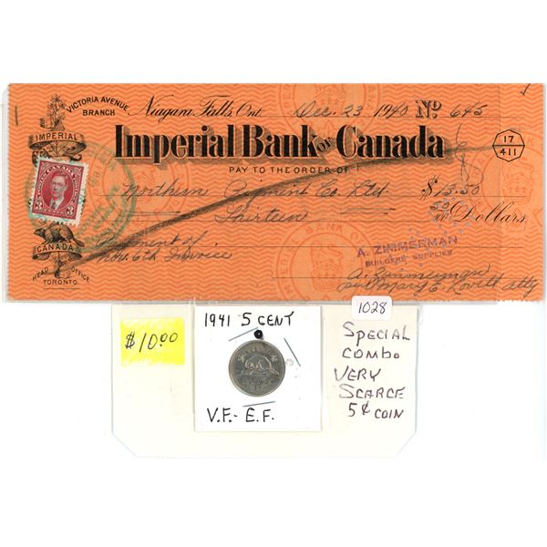 1940 Imperial Bank of Canada cheque & 1941 Canadian 5 cent nickel