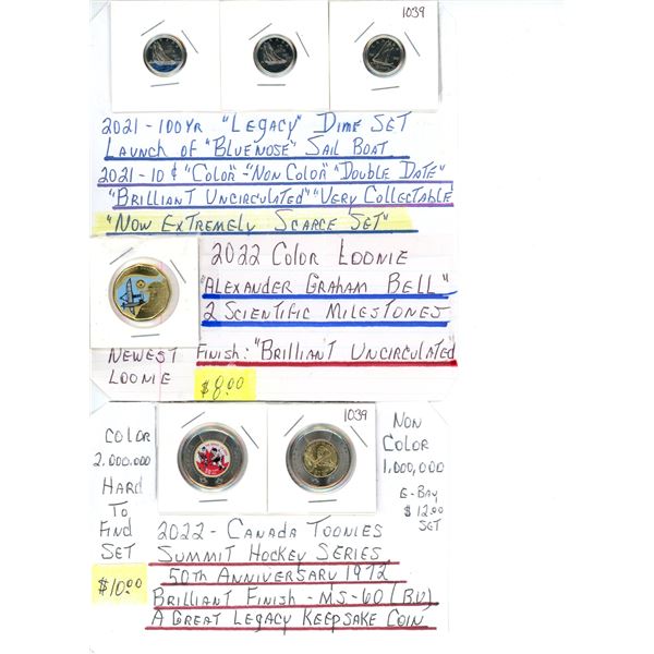 2021 Bluenose Legacy dime set and 2022 "Alexander G. Bell Loonie & 2022 "Summit Hockey series" Tooni