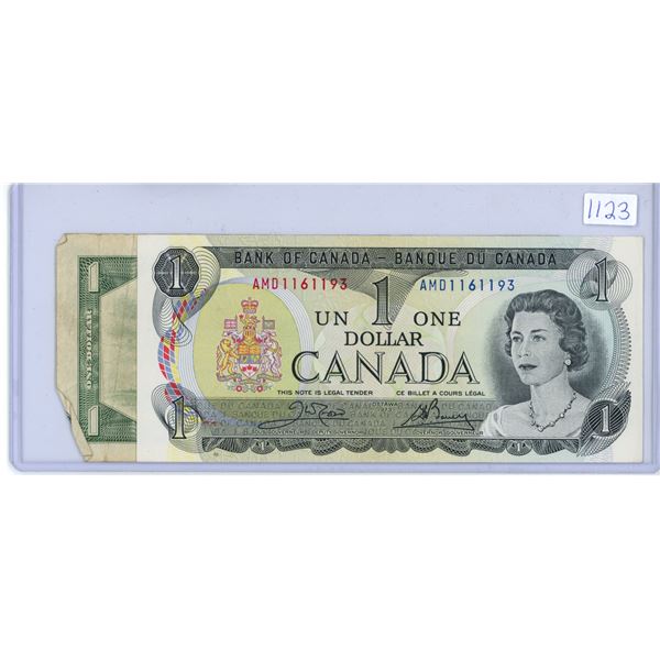 1973 1 dollar CDN bill, Crow and Bauey - prefix AMD & 1954 CDN 1 dollar bill, Beattie and Rasminsky 