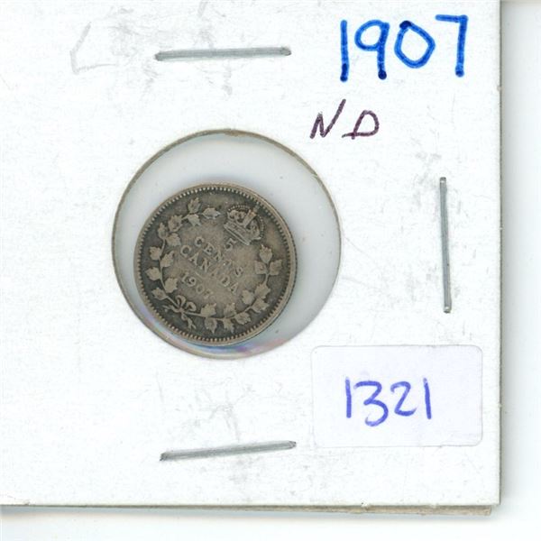 1907 Canadian Small 5 Cent Coin, ND - 92.5% Silver, 7.5% Copper