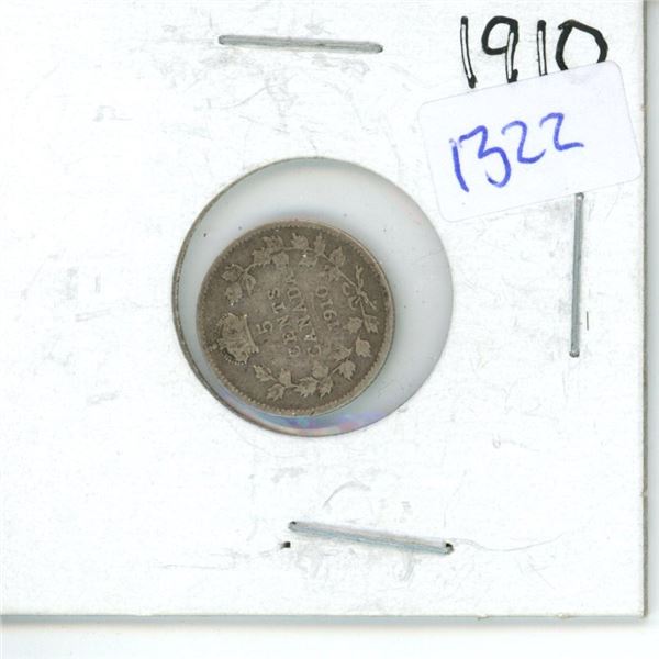 1910 Canadian Small 5 Cent Coin - 92.5% Silver, 7.5% Copper