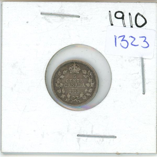 1910 Canadian Small 5 Cent Coin - 92.5% Silver, 7.5% Copper