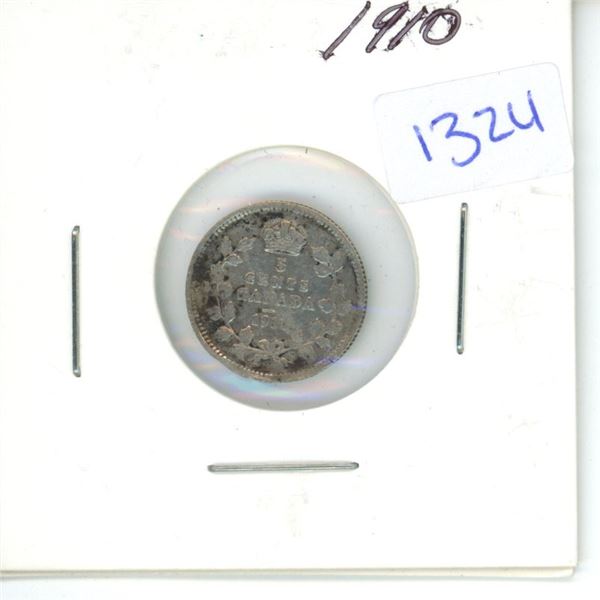 1910 Canadian Small 5 Cent Coin - 92.5% Silver, 7.5% Copper